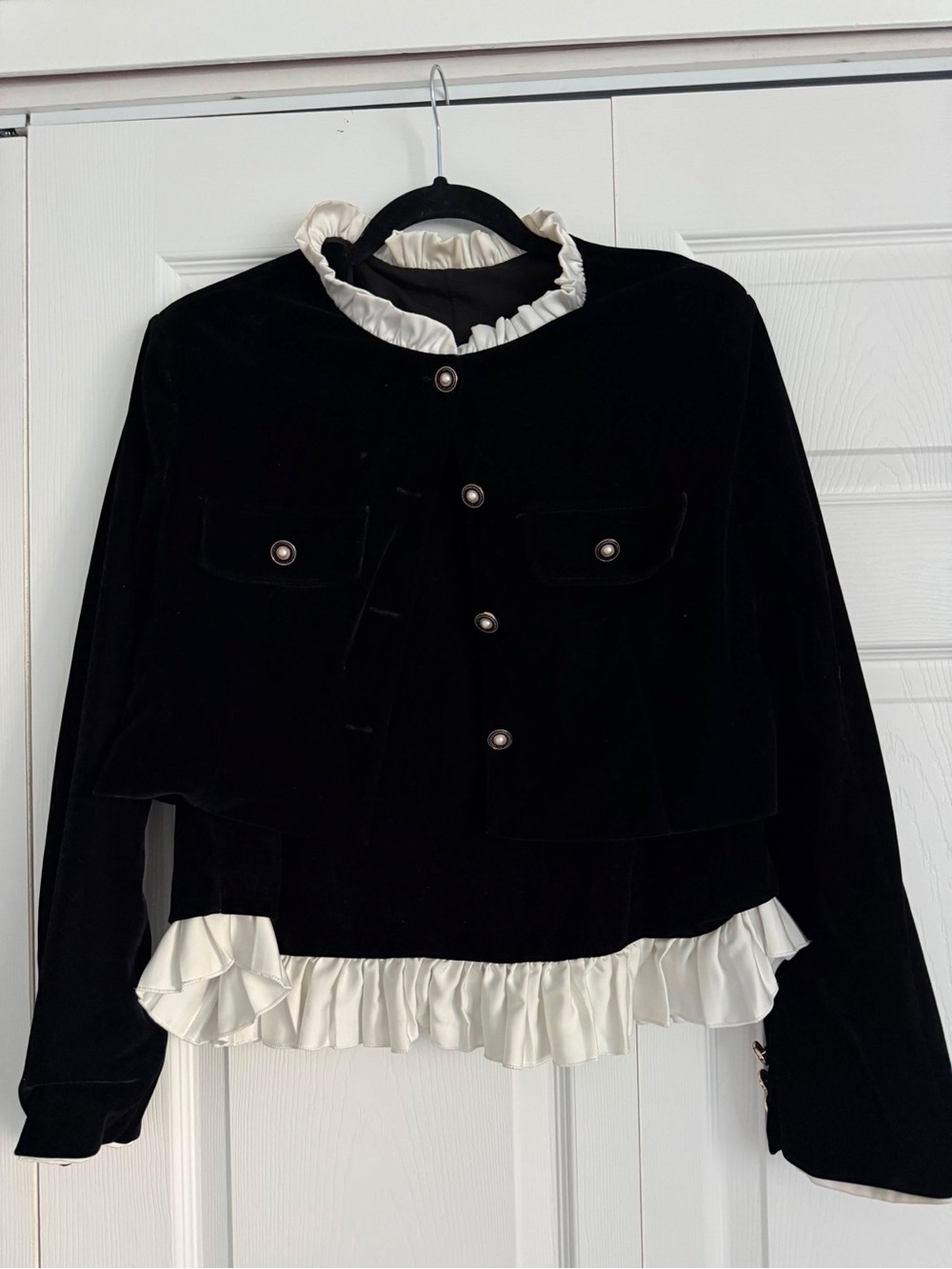 Women’s Black Velvet Skirt Suit Set Size S White Ruffles Pearl Buttons